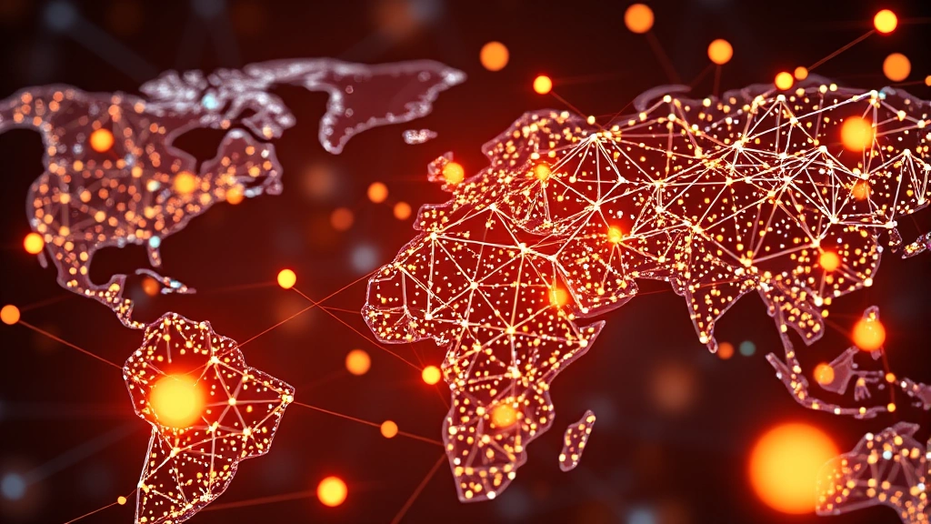 Photorealistic image of a blockchain network visualization with glowing nodes and connections representing Bitcoin transactions across a global network, abstract and futuristic style, no text elements