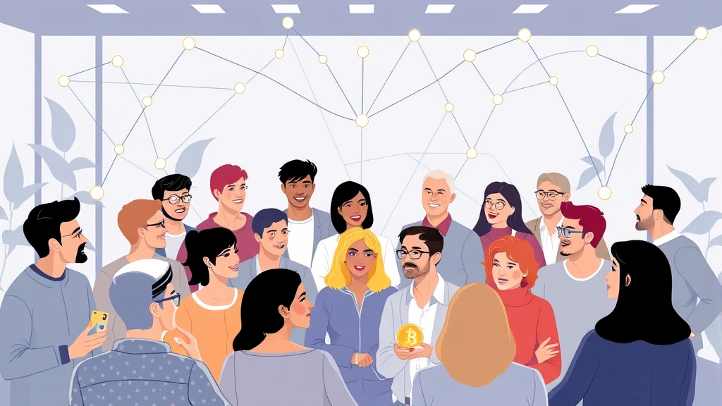 A diverse group of people in a virtual community space discussing cryptocurrency, with digital connections and nodes representing blockchain technology, modern and optimistic atmosphere, no text or charts