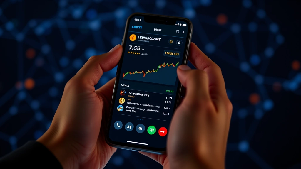 A close-up of hands holding a smartphone displaying cryptocurrency market data and community discussion, with blockchain network patterns subtly visible in the background, photorealistic and contemporary