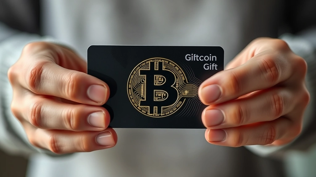 Close-up of hands holding a physical Bitcoin gift card with holographic security features, modern minimalist design, soft lighting, shallow depth of field, cryptocurrency context