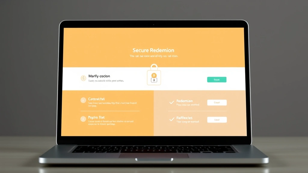 Split-screen showing secure redemption process on a laptop with padlock icon and verification checkmarks, clean interface design, professional cryptocurrency platform aesthetic, no text visible