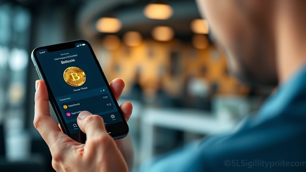 Person using a hardware cryptocurrency wallet device with smartphone showing Bitcoin wallet interface, secure storage concept, modern tech environment, natural lighting, focused on security