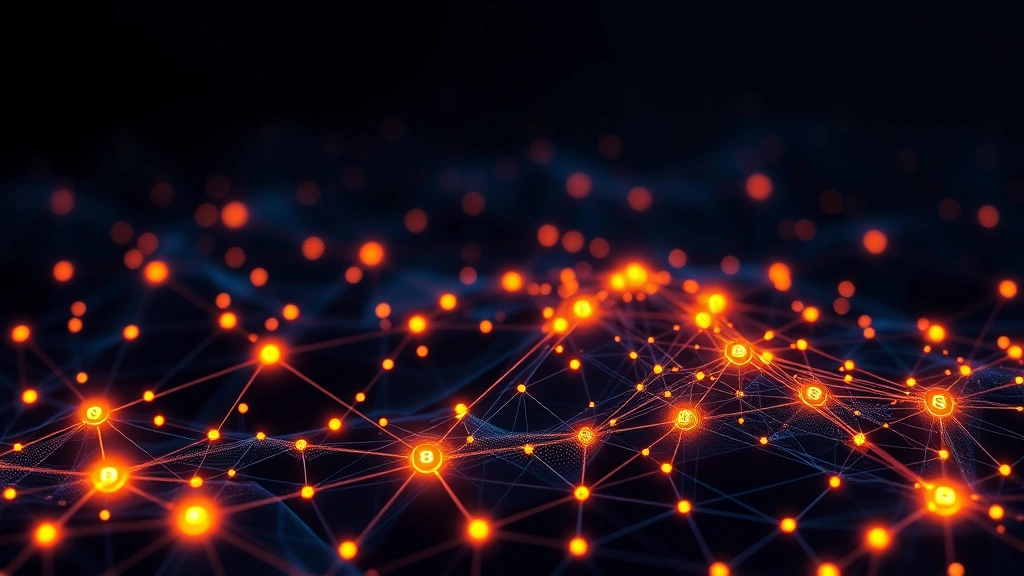 Bitcoin blockchain network visualization with glowing nodes representing hodlers and miners, dark blue and orange color scheme, digital abstract landscape showing transaction flows and wallet connections