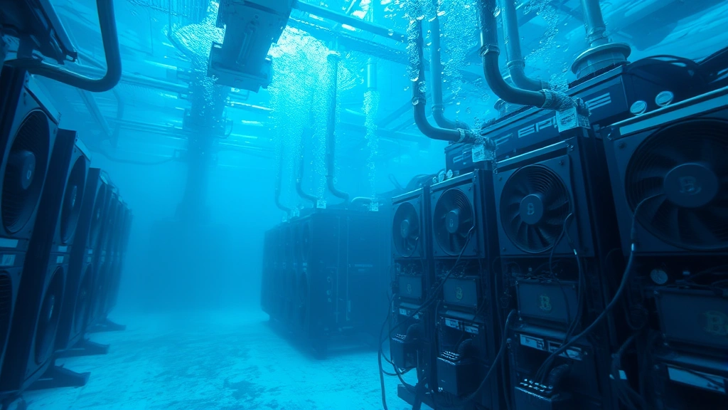Underwater Bitcoin miner operation with equipment submersed in blue-tinted water, symbolizing financial stress and capitulation pressure, photorealistic industrial setting with cooling systems visible