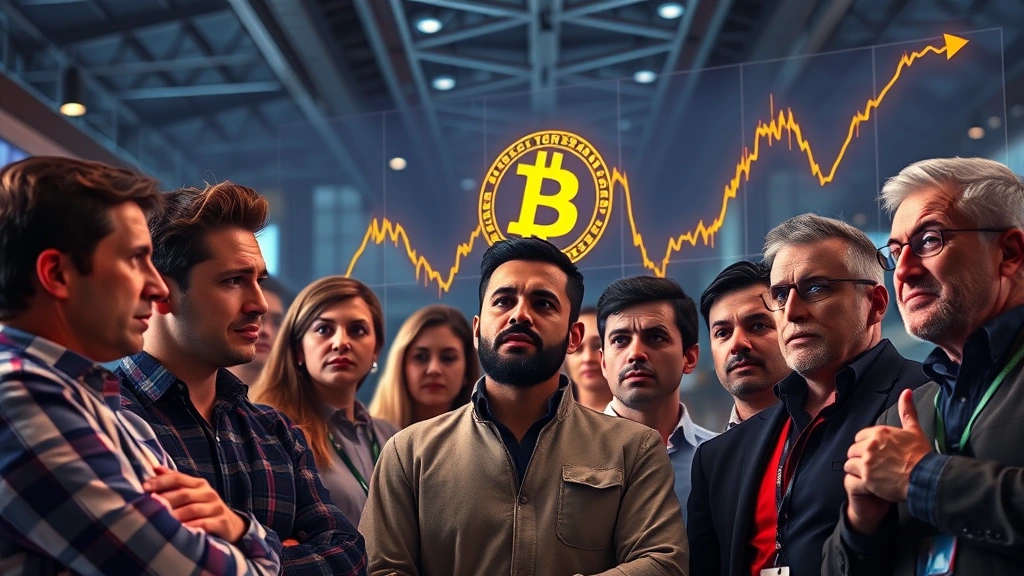 Diverse group of crypto investors viewing holographic Bitcoin price charts with downward trending lines, mix of concerned and thoughtful expressions, modern trading floor aesthetic with blockchain architecture in background