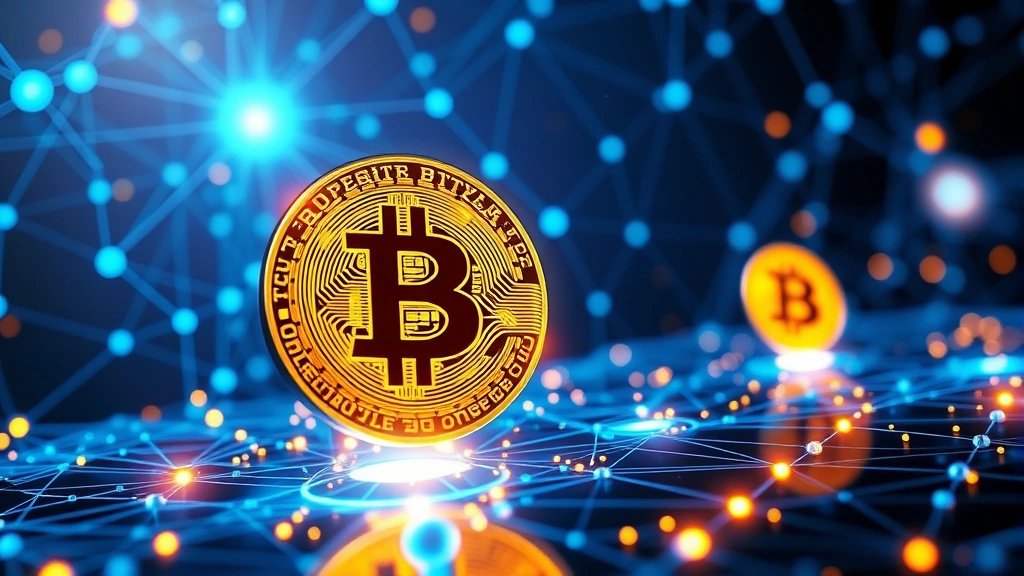 Futuristic digital representation of Bitcoin cryptocurrency with glowing blue and gold holographic elements, showing interconnected blockchain network nodes floating in cyberspace, representing hypercharged growth and digital currency advancement