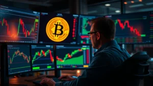 Photorealistic image of a cryptocurrency trader monitoring multiple screens displaying Bitcoin price charts and market data during a volatile trading session, with dramatic lighting reflecting intense market activity
