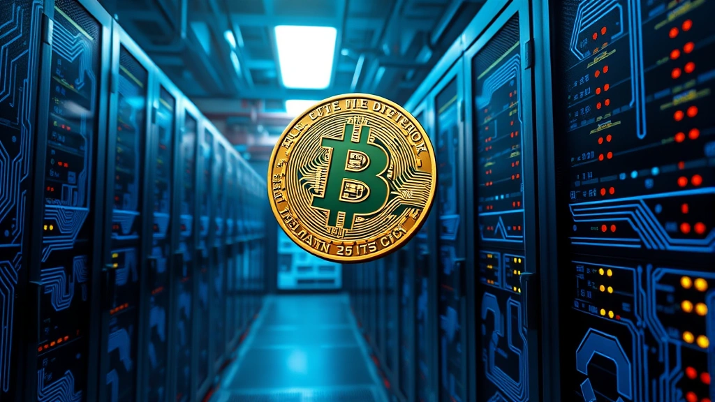 Digital Bitcoin coin floating above a server farm with blue circuit board patterns, representing institutional infrastructure and blockchain technology, photorealistic rendering with dramatic lighting