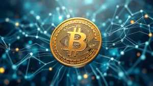 Photorealistic image of Bitcoin physical coin surrounded by flowing digital data streams and network nodes, representing secure blockchain technology and decentralized monetary system