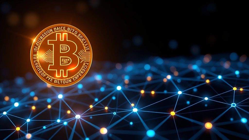 Photorealistic image of a glowing Bitcoin coin hovering above a digital blockchain network with interconnected nodes and light trails, representing cryptocurrency adoption and growth