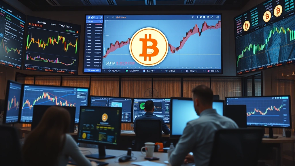 Professional cryptocurrency trading floor with multiple monitors displaying Bitcoin charts and market data, institutional traders analyzing markets, modern office setting with blockchain visualization on walls, representing institutional adoption and market maturity