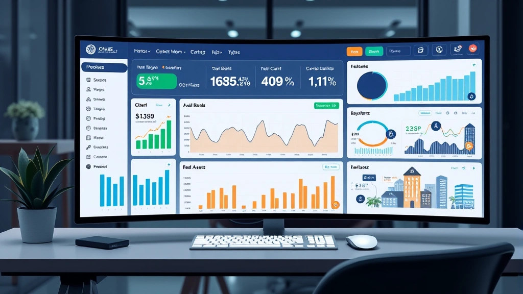 Photorealistic image of a modern investment portfolio dashboard showing diversified assets including digital currencies, stocks, bonds, and real estate on a professional workstation