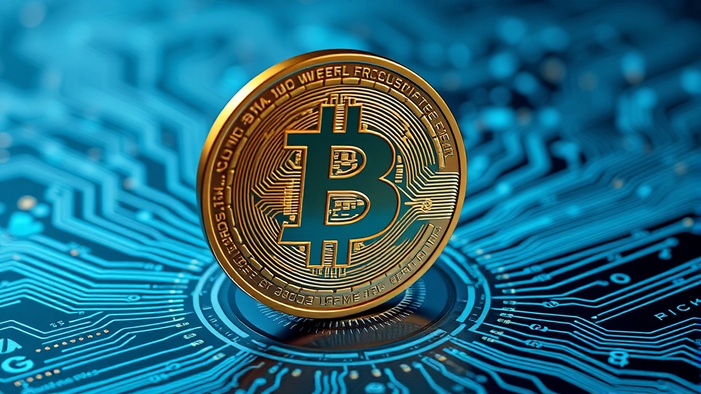 Futuristic digital representation of Bitcoin cryptocurrency coin floating above circuit board patterns symbolizing technology and financial innovation