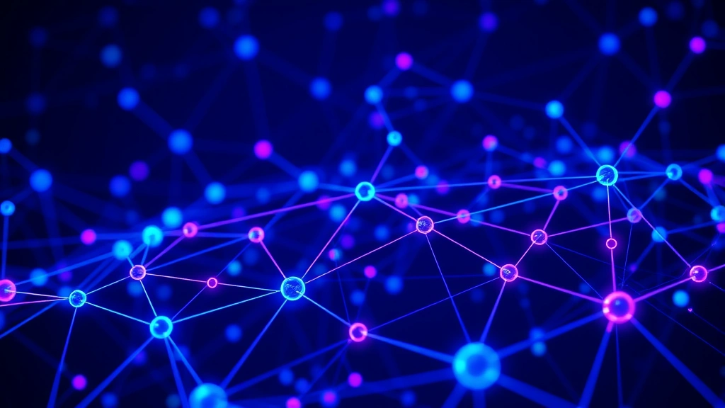A blockchain network visualization showing interconnected nodes and data flows in blue and purple neon colors, representing cryptocurrency presale technology infrastructure and smart contracts in a modern digital environment