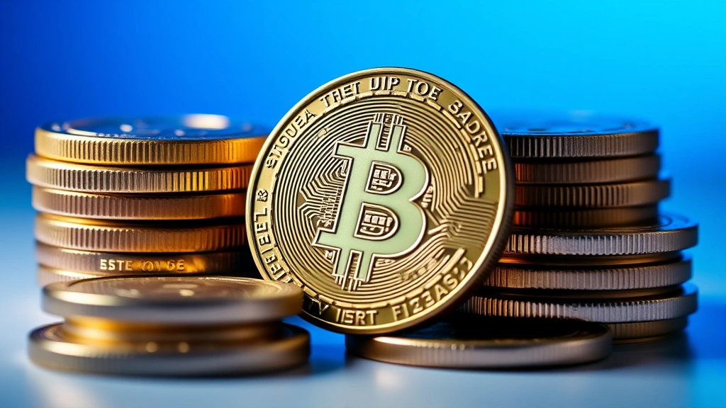 Close-up of cryptocurrency coins including Bitcoin stacked together with a soft blue gradient background, professional lighting, no text or symbols