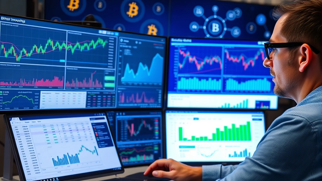 A professional investor analyzing financial data on multiple screens showing cryptocurrency charts and market analytics, with bitcoin symbols and blockchain diagrams in the background, representing presale research and due diligence