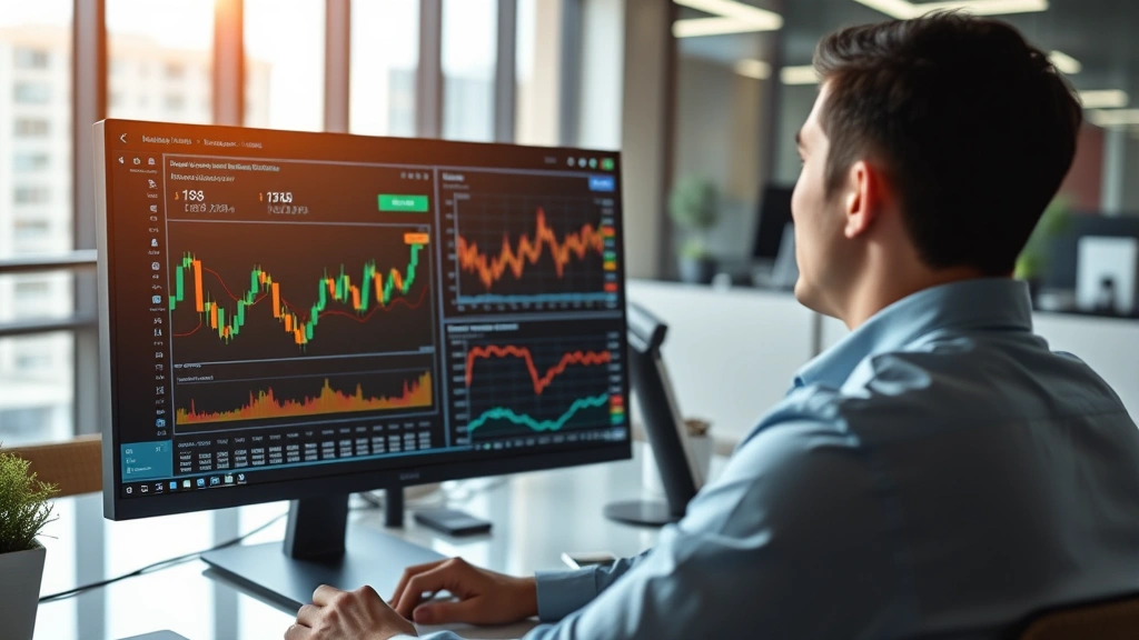 Person reviewing blockchain data on a computer screen in a modern office, studying digital charts and cryptocurrency market information, professional environment