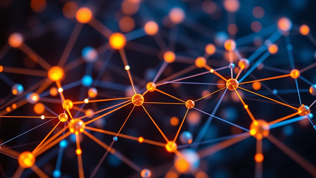 Digital representation of a blockchain network with interconnected nodes glowing in amber and blue tones, abstract visualization of distributed technology, no text
