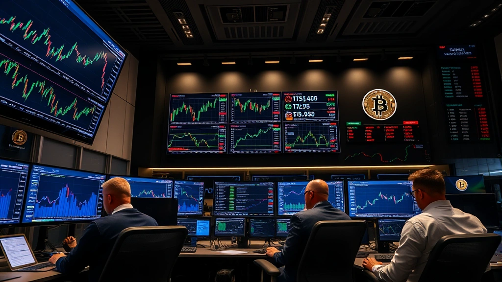 A modern cryptocurrency trading floor with multiple screens displaying Bitcoin charts and price movements, professional traders analyzing data, blue and green candlestick patterns visible on displays, professional office environment with financial technology infrastructure