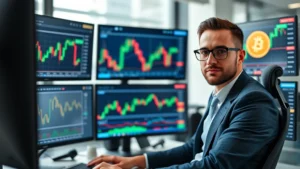 Professional cryptocurrency analyst reviewing Bitcoin charts on multiple monitors in a modern trading office, showing confident but focused expression while analyzing market data on screens