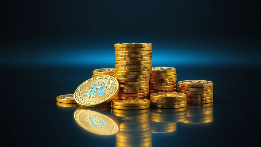 Bitcoin golden coins stacked in a pyramid formation on a dark reflective surface with soft blue lighting, representing wealth accumulation and cryptocurrency value growth