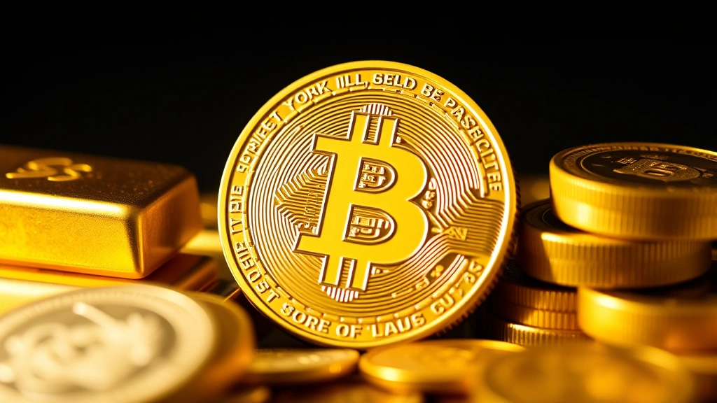 Close-up of a Bitcoin physical representation alongside traditional gold bars and coins, illustrating Bitcoin's role as a store of value, warm lighting emphasizing the contrast between digital and physical assets, symbolic representation of wealth preservation