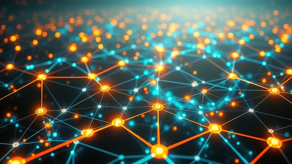 High-tech blockchain network visualization with interconnected nodes and glowing pathways representing Bitcoin transactions, abstract digital landscape with financial symbols