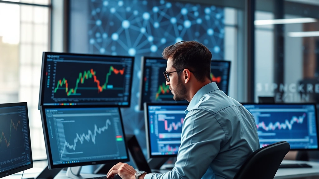 Photorealistic photograph of financial professional analyzing data on multiple computer screens in modern office environment, showing abstract blockchain network patterns in background, cryptocurrency trading theme, no visible text or numbers