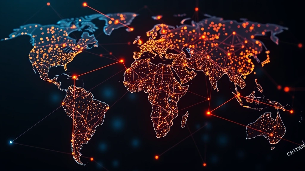 Blockchain network nodes connected by glowing lines forming a global network visualization, symbolizing Bitcoin's distributed ledger technology and institutional integration