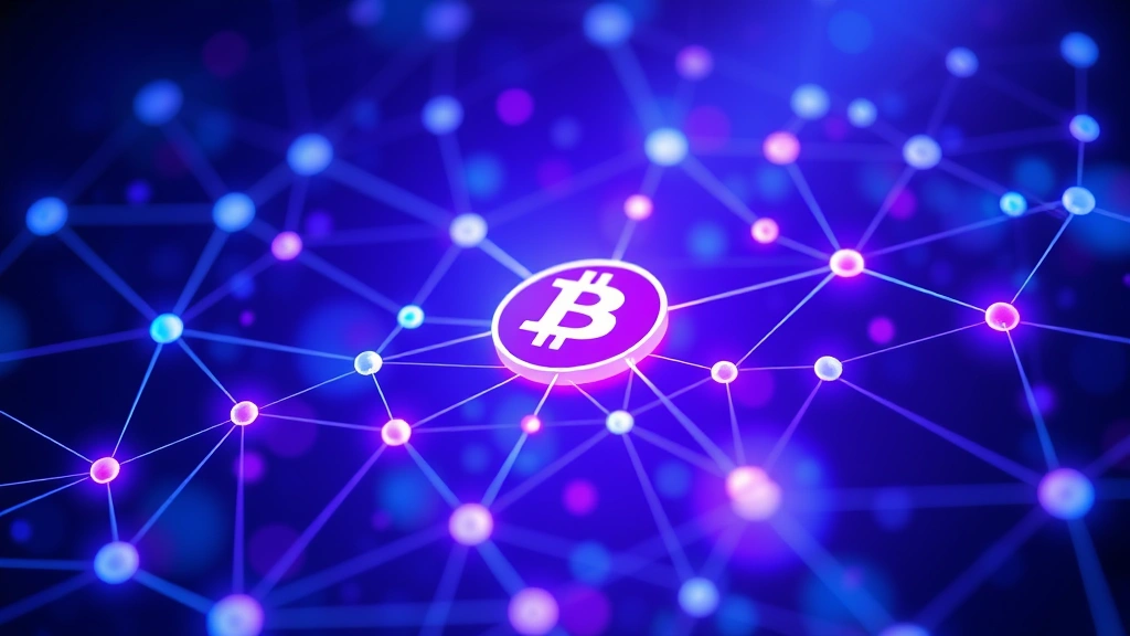 A network visualization showing blockchain technology connections, glowing nodes representing distributed ledger system, abstract representation of Bitcoin's decentralized infrastructure, blue and purple color scheme emphasizing technological sophistication and security