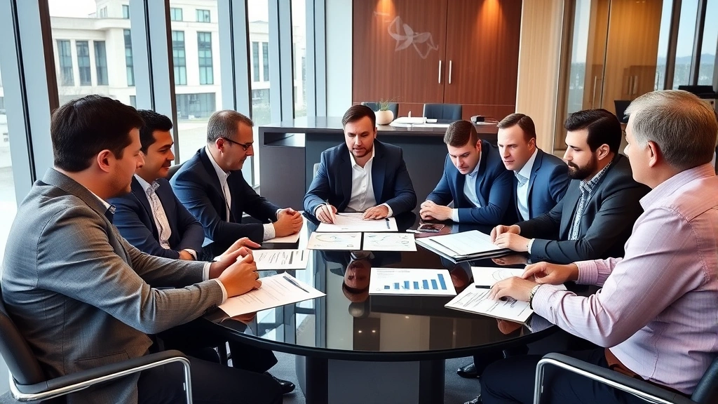 Diverse group of institutional investors in a conference room discussing Bitcoin investment strategies, reviewing documents and charts on a table, professional setting with modern architecture
