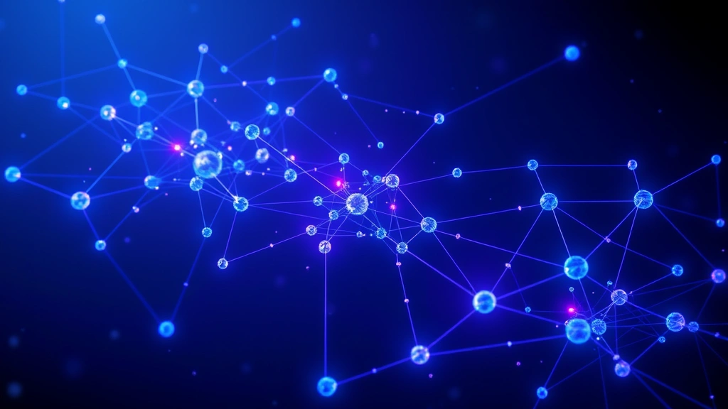 Photorealistic image of interconnected digital nodes and network connections in space, representing blockchain technology and distributed ledger systems, glowing blue and purple colors, abstract tech visualization style, no text elements