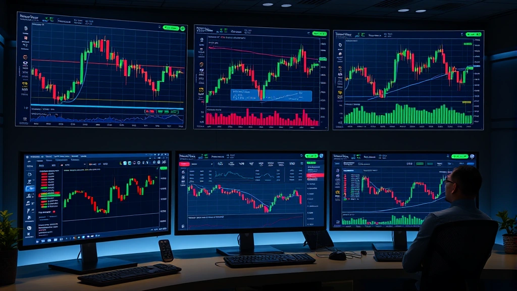 Modern cryptocurrency trading terminal with multiple screens displaying candlestick charts and data analytics, representing professional analyst insights and market analysis