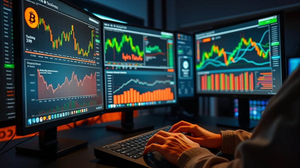 Photorealistic image of a modern cryptocurrency trader's workspace with multiple monitors displaying Bitcoin charts and data analysis tools, hands typing on keyboard, professional trading environment with blockchain-themed ambient lighting, no visible text on screens
