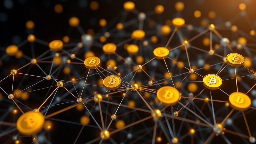 Photorealistic depiction of interconnected digital nodes and blockchain structure with golden Bitcoin symbols integrated throughout, representing the relationship between social networks and cryptocurrency markets, abstract but grounded in technology, no readable text