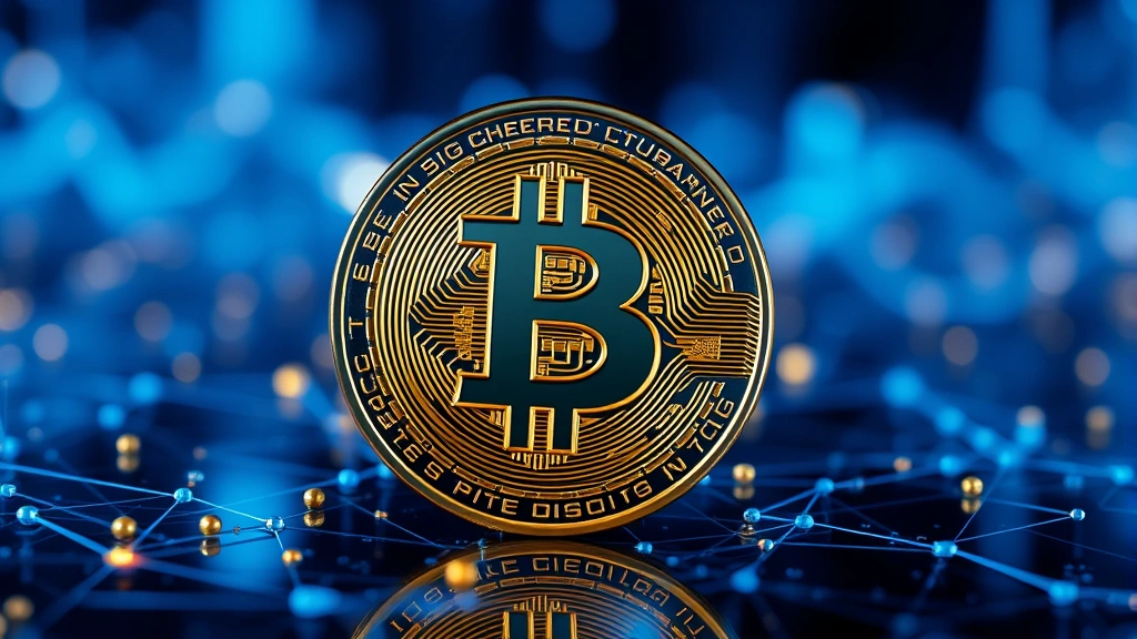 Photorealistic close-up of a physical bitcoin coin reflecting blue and gold light, with blockchain network nodes visible in soft focus background, cybersecurity aesthetic
