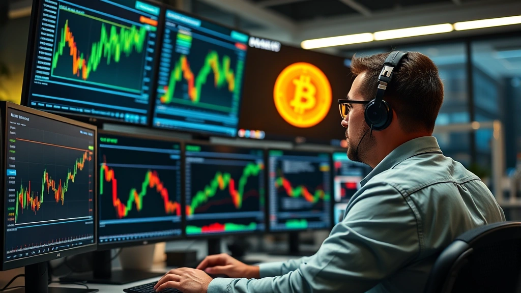 Cryptocurrency trader monitoring multiple digital screens displaying blockchain networks and bitcoin price charts in a modern trading office environment with professional lighting