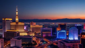 Modern Las Vegas skyline at night with cryptocurrency blockchain visualization overlays, digital light patterns, futuristic financial district atmosphere, no text or symbols