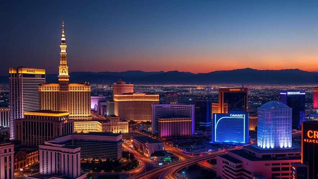 Modern Las Vegas skyline at night with cryptocurrency blockchain visualization overlays, digital light patterns, futuristic financial district atmosphere, no text or symbols
