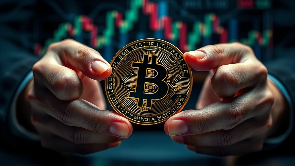 Close-up of hands holding physical Bitcoin coin with digital holographic market data visualization in background, professional investment setting, photorealistic metallic surfaces