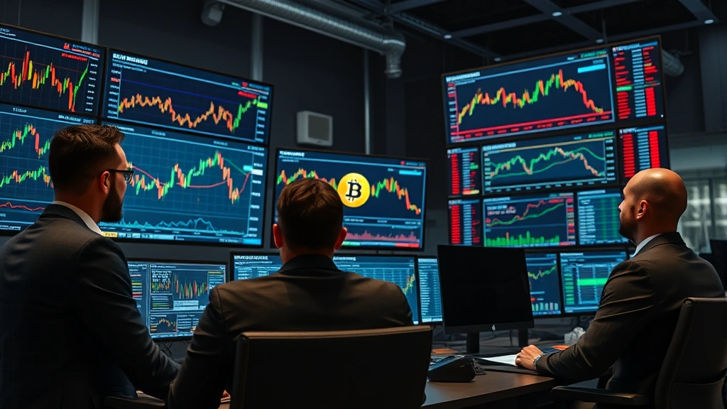 Professional cryptocurrency trading floor or investment office environment with multiple screens displaying Bitcoin charts and market data, institutional investors analyzing data, modern workspace aesthetic