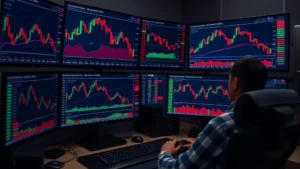 Cryptocurrency trader monitoring multiple screens showing real-time Bitcoin price charts with liquidation heatmaps and margin ratios displayed in red and green, professional trading desk environment