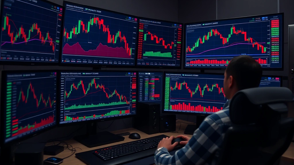 Cryptocurrency trader monitoring multiple screens showing real-time Bitcoin price charts with liquidation heatmaps and margin ratios displayed in red and green, professional trading desk environment