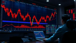 Dramatic cryptocurrency trading chart with red candles showing sharp bitcoin price decline, digital stock ticker display, trading terminal interface with liquidation alerts flashing, professional trader at desk monitoring multiple screens showing real-time market data