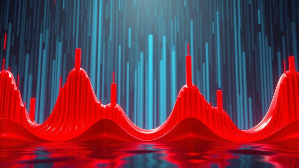 Abstract visualization of cascading liquidation effect, digital representation showing Bitcoin price candles dropping with red liquidation waves flowing downward, representing forced position closures