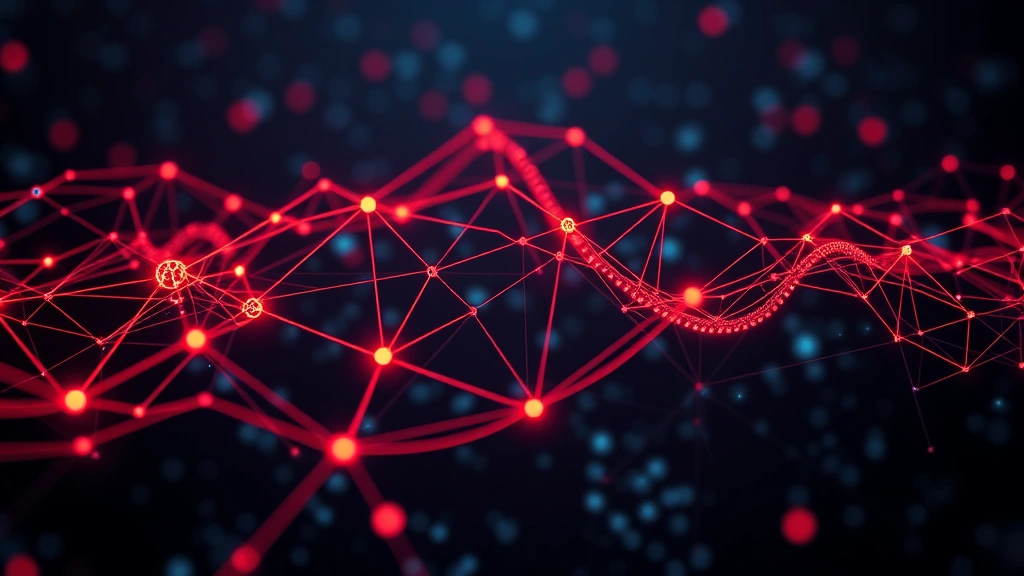 Abstract blockchain network visualization with interconnected nodes representing liquidation cascade effect, flowing red lines showing liquidation contagion spreading across network, digital representation of margin requirements and collateral calculations