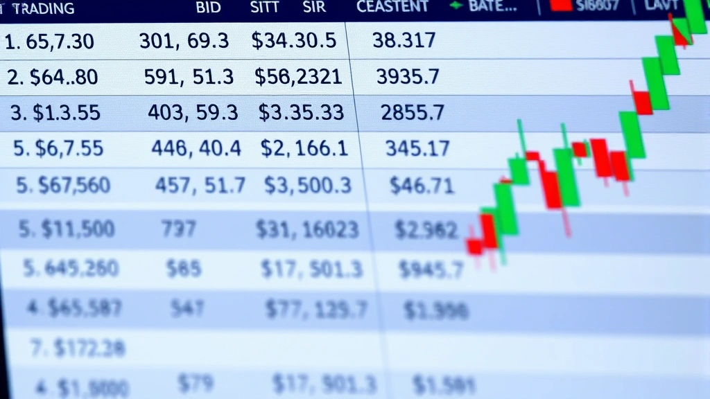 Close-up of cryptocurrency exchange order book interface showing bid-ask spreads with liquidation orders executing, digital numbers and candlestick patterns visible on professional trading terminal