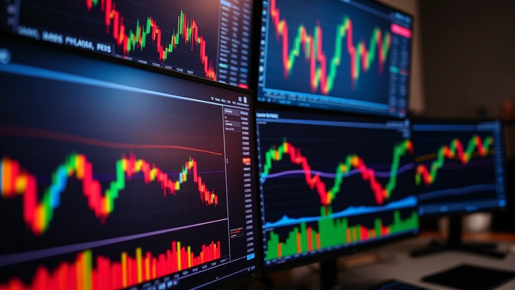 Close-up of cryptocurrency trading terminal with multiple monitors displaying market data, candlestick patterns, and heat gradient visualizations, professional trading room environment