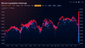 Photorealistic digital visualization of a bitcoin liquidation heatmap showing concentrated order clusters at specific price levels with red and blue zones indicating long and short liquidations, professional trading dashboard aesthetic