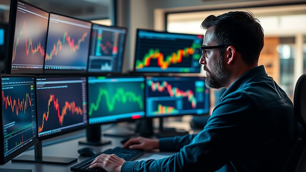 Cryptocurrency trader analyzing liquidation heat map on multiple monitors in modern trading office, focused expression, surrounded by technical charts and real-time market data